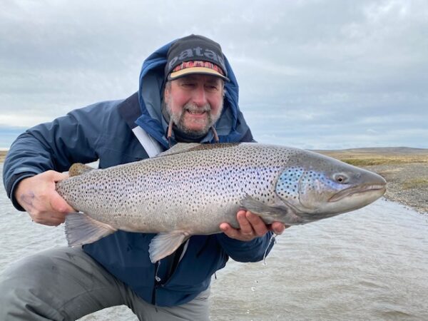 frazer Heston with 18 lb trout caught on Vitamin-B Tungsten TDF fly